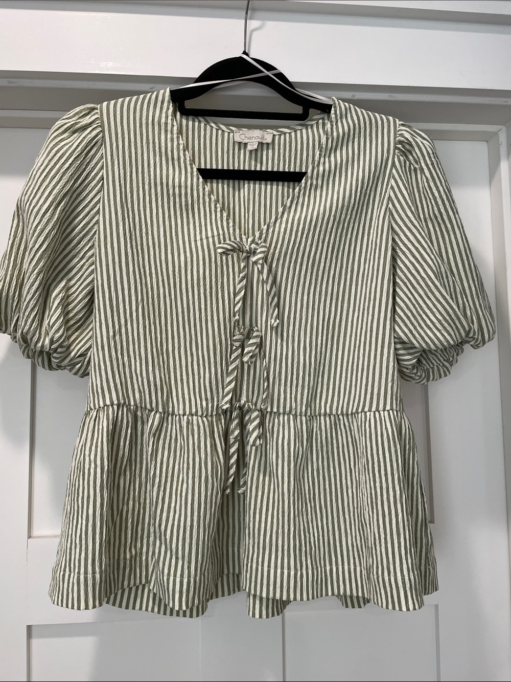 Chenault Olive and White Striped Peplum Tie-Front Blouse